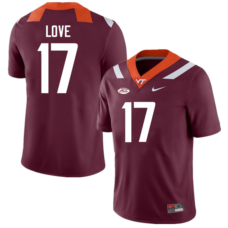 Men #17 John Love Virginia Tech Hokies College Football Jerseys Stitched-Maroon